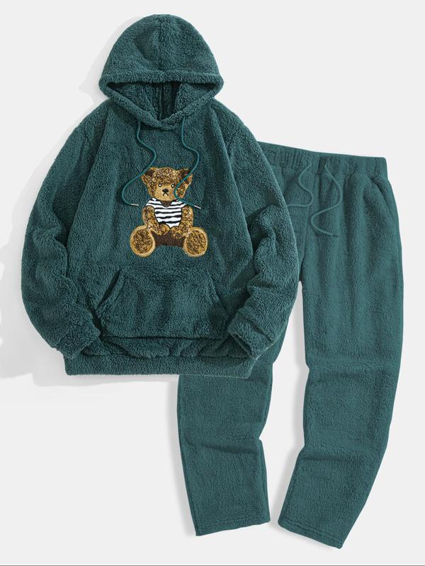 Men's Bear Pattern Sweatshirt & Drawstring Waist Sweatpants Plush Set, Casual Long Sleeve Hoodie & Pocket Jogger Pants, Men's Fall & Winter Clothes