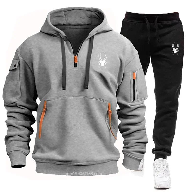 Men's new autumn and winter multi-pocket zipper long-sleeved hoodie + sports and leisure pants two-piece fitness jogging suit