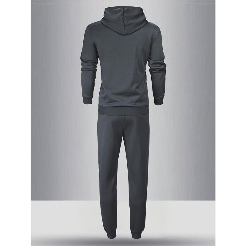 A Set of Men's Casual Polyester Sportswear, Solid Color Long Sleeve Hoodie with Drawstring Waist Jogger Pants, Suitable for Spring and Autumn Season Knitted Sports Leisure Clothing Suit