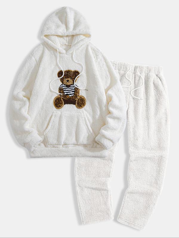 Men's Bear Pattern Sweatshirt & Drawstring Waist Sweatpants Plush Set, Casual Long Sleeve Hoodie & Pocket Jogger Pants, Men's Fall & Winter Clothes