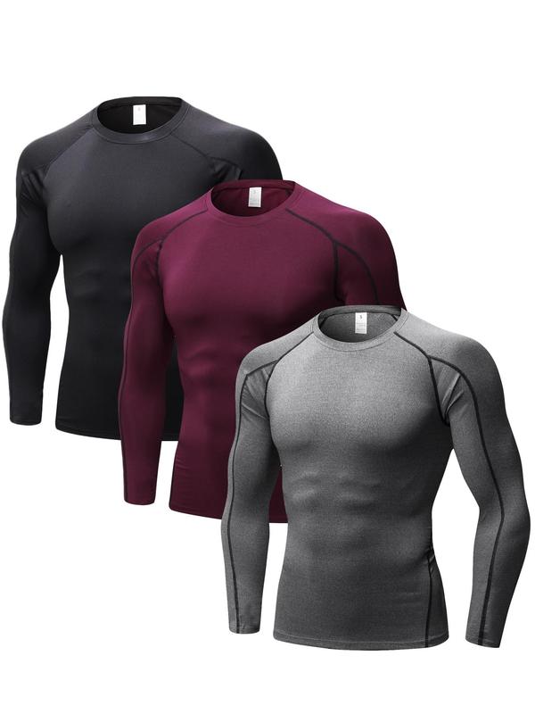 Men's Solid Top Stitching  Raglan Sleeve Thermal Underwear Top, Quick Drying Compression T-shirt, Sun Protection Base Layer Top for Winter