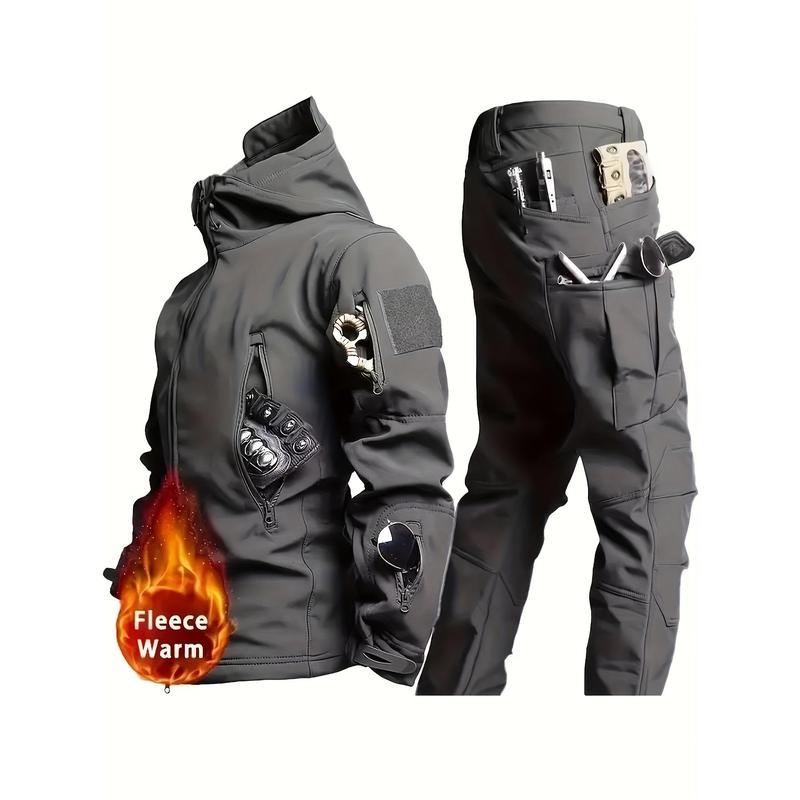 Men's outdoor two-piece suit, soft shell hooded windproof jacket, waterproof and comfortable outdoor sweatpants.