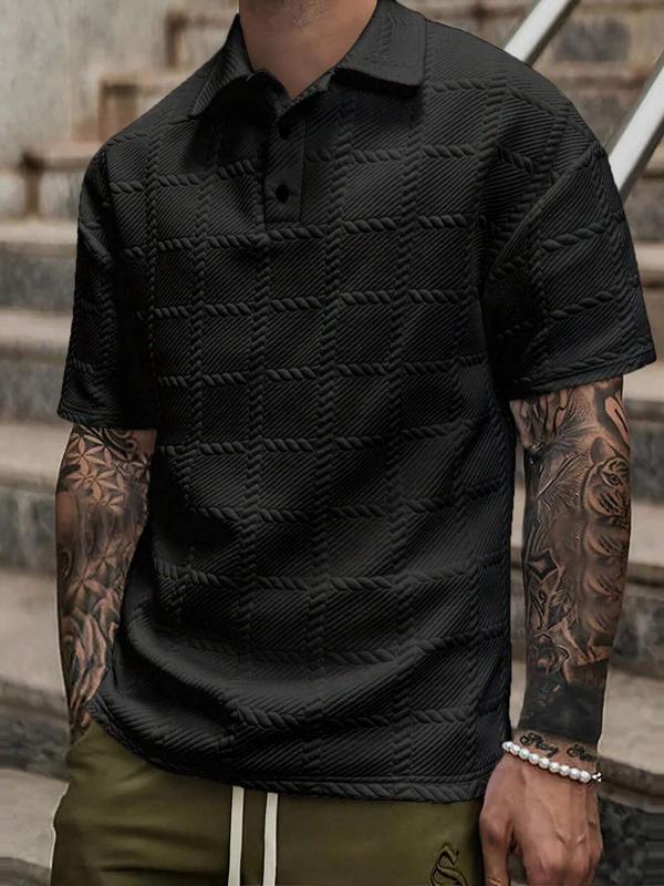 Men's Textured Short Sleeve Polo Shirt, Regular Fit Casual Button Front Top for Summer, Fashion Men's Clothes for Daily Wear