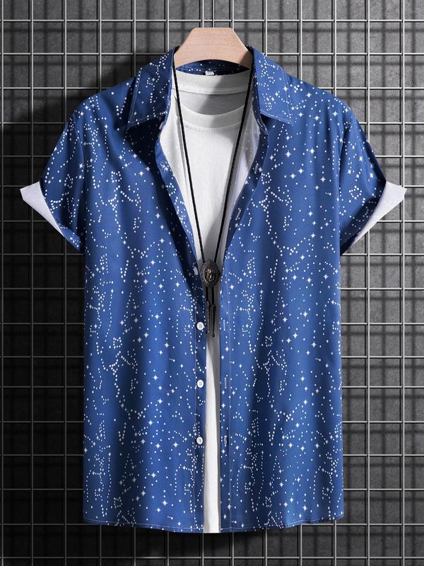 Men's Galaxy Print Button Front Shirt without Tee & Necklace, Summer Clothes, Regular Fit All Over Print Short Sleeve Collared Top for Daily Wear, Casual Summer Streetwear Top for Men