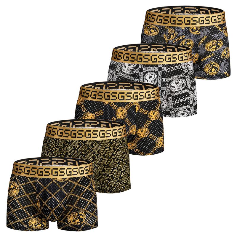 Men's Black & Gold Mixed Color Cotton Underwear, 5pcs Tropical Briefs Set Elegant Human boxer brief modal  dpouch