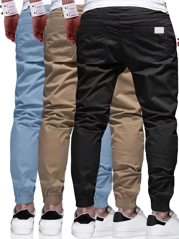 Men's Solid Drawstring Waist Carrot Pants, Casual Loose Multi-Pocket Elastic Waist Trousers for Daily Wear, Fashion Men's Bottoms for All Seasons