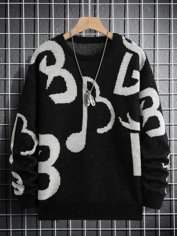 Unisex Men's Regular Fit Musical Note Print Round Neck Sweater, Fall Sweaters, Casual Long Sleeve Crew Neck Jumper for Fall & Winter, Fashion Men's Streetwear Knit Clothing for Daily Wear, Sweaters for Men, Fall Sweatshirts Knitted Sweater