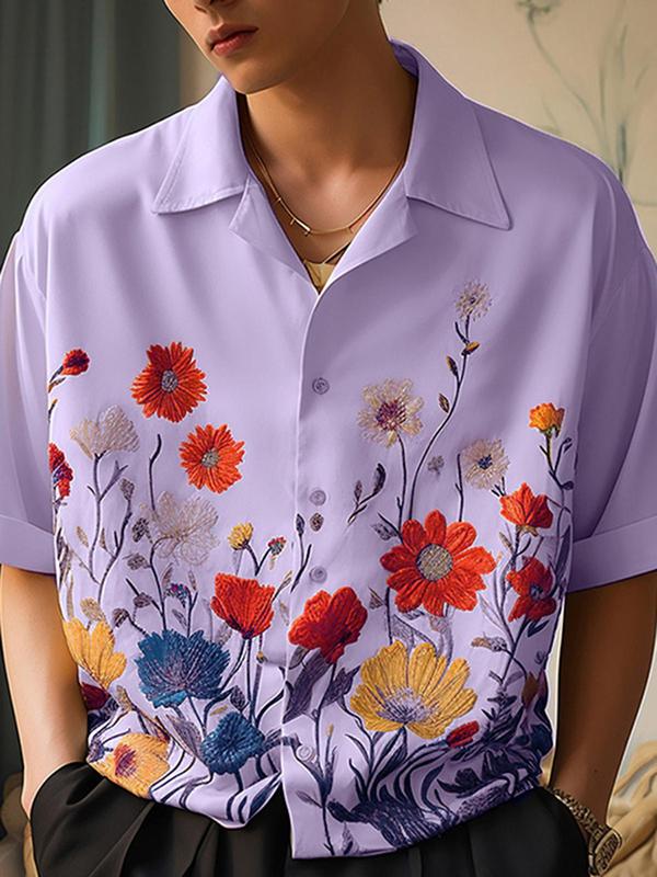 Men's Floral Print Button Front Shirt, Casual Drop Shoulder Half Sleeve Lapel Neck Top for Summer, Fashion Men's Clothes for Beach Vacation