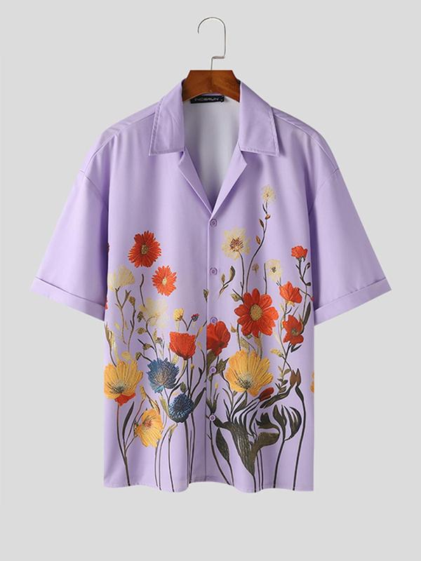 Men's Floral Print Button Front Shirt, Casual Drop Shoulder Half Sleeve Lapel Neck Top for Summer, Fashion Men's Clothes for Beach Vacation