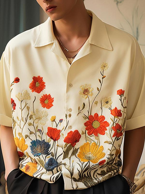 Men's Floral Print Button Front Shirt, Casual Drop Shoulder Half Sleeve Lapel Neck Top for Summer, Fashion Men's Clothes for Beach Vacation