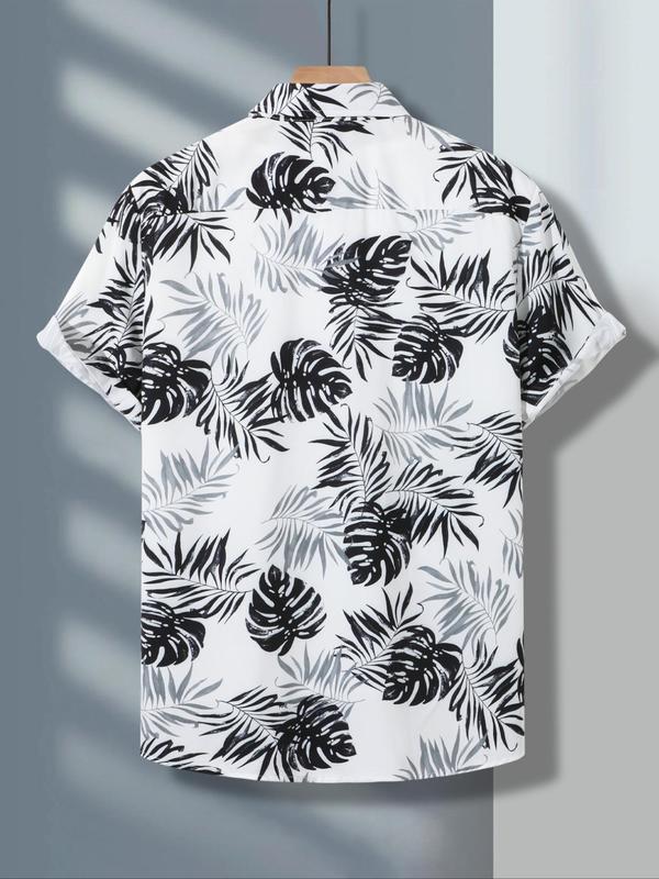 Men's Regular Fit Tropical Leaf Print Button Front Graphic Shirt Without Tee & Necklace, Casual Comfy Short Sleeve Collar Shirt For Summer, Fashion Men's Top For Beach Vacation