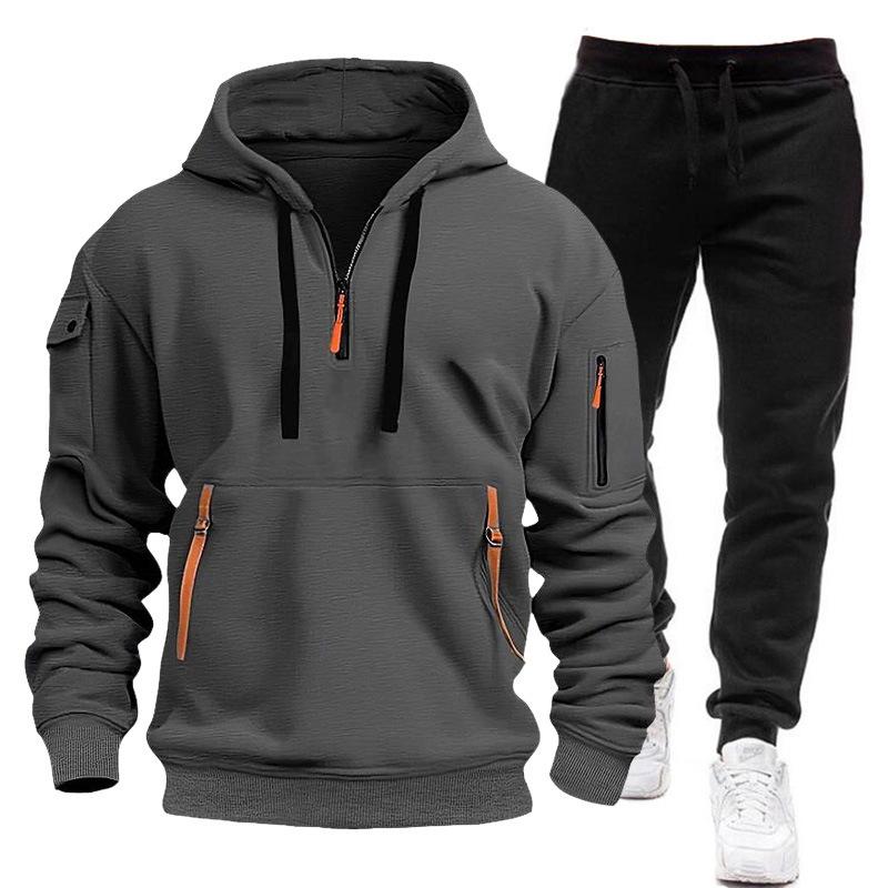 Men's New Fleece-lined Multi-Pocket Zipper Sweater Suit Personal Leisure Hoodie Suit