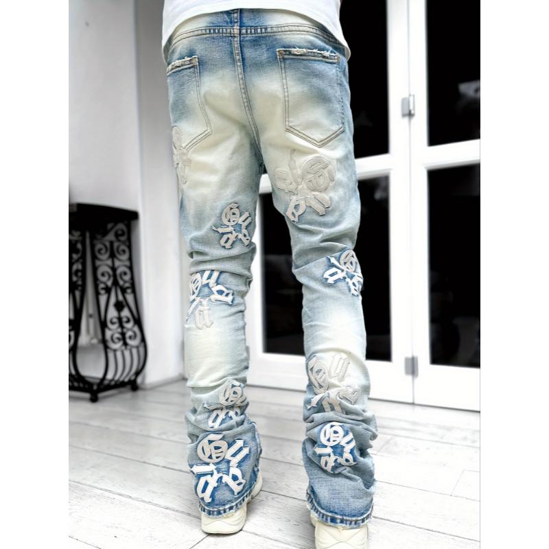 Men's Casual Letter Patchwork Skinny Jeans, Vintage Style Ripped Denim Pants