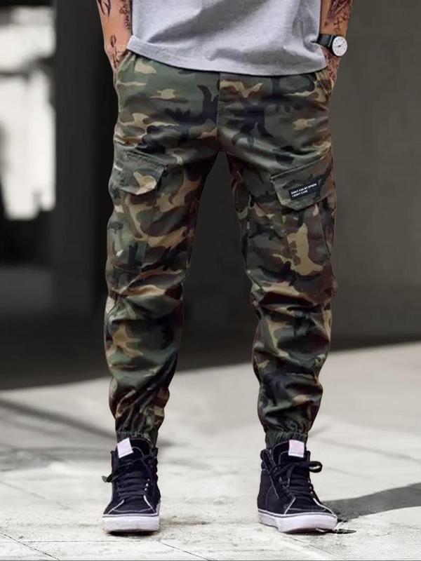 Men's Camo Print Patched Drawstring Cargo Pants, Loose Casual Street Flap Pocket Elastic Waist Trousers for Daily Wear, Men's Bottoms for All Seasons