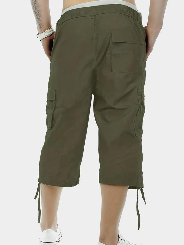 Men's Plain Loose Solid Button Fly Pocket Capri Cargo Pants, Casual Drawstring Elastic Waist Shorts for Daily Wear, Woven Bottoms for All Seasons, Menswear, Summer Outfits 2024