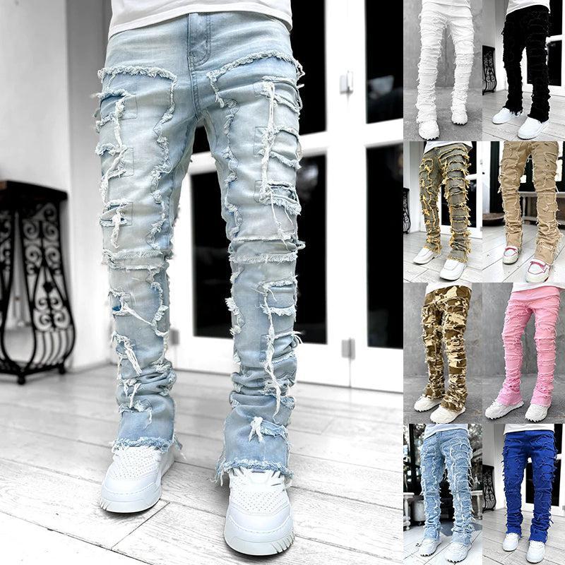 Men Trousers Individual Patched Pants Long Tight Fit Stacked Jeans for Mens Clothing Khaki Menswear Stylish