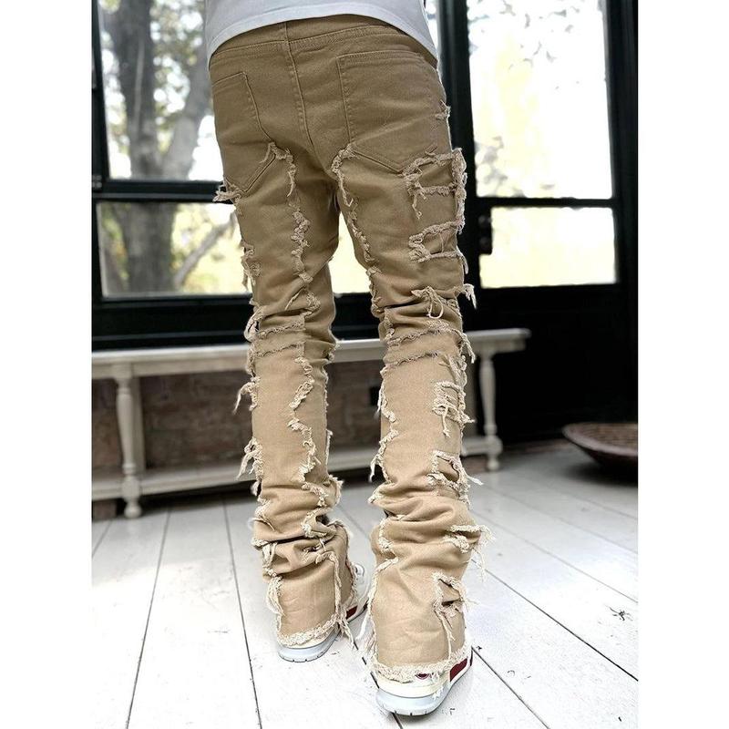 Men Trousers Individual Patched Pants Long Tight Fit Stacked Jeans for Mens Clothing Khaki Menswear Stylish