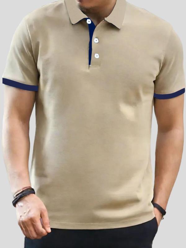 Men's Contrast Binding Short Sleeve Polo Shirt, Regular Fit Casual Button Collar Top for Summer, Fashion Men's Clothes for Daily Wear