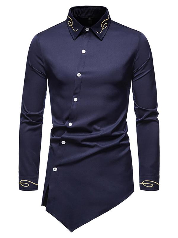 Men's Solid Embroidery Button Front Asymmetrical Hem Shirt, Regular Fit Casual Long Sleeve Collared Shirt for Spring & Fall, Menswear for Daily Wear