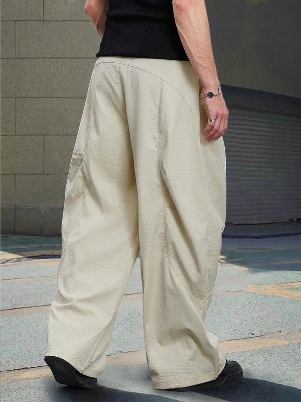 Men's Solid Button Fly Wide Leg Pants, Loose Casual Comfy Pocket Trousers for Daily Wear, Woven Bottoms for All Seasons