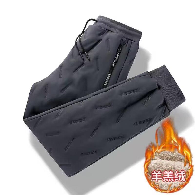 Lambswool down Cotton Casual Pants Men's Winter Wear Fleece-lined Thickened Solid Color Ankle-Tied Warm-Keeping Pants 2024 Christmas Halloween