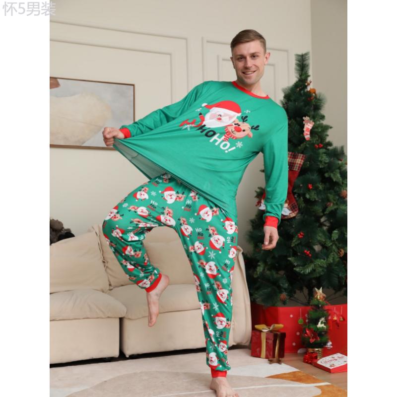 Men's Trendy Casual Christmas Pajamas Sets, Santa Claus And Reindeer Cartoon Print Long Sleeve Crew Neck Top & Loose Pants Lounge Wear Fabric Loungewear Menswear Nightwear Collar Stretch Homewear Pajama Set Pjs Pyjamas Sweat Crewneck