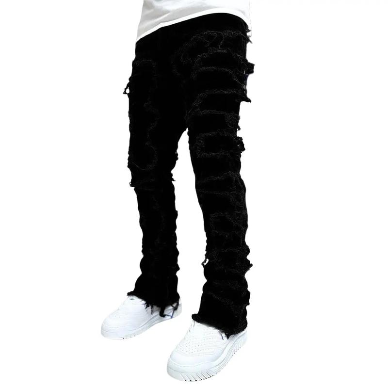 Men Trousers Individual Patched Pants Long Tight Fit Stacked Jeans for Mens Clothing Khaki Menswear Stylish