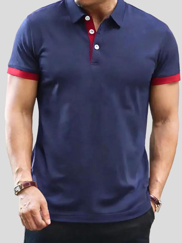 Men's Contrast Binding Short Sleeve Polo Shirt, Regular Fit Casual Button Collar Top for Summer, Fashion Men's Clothes for Daily Wear