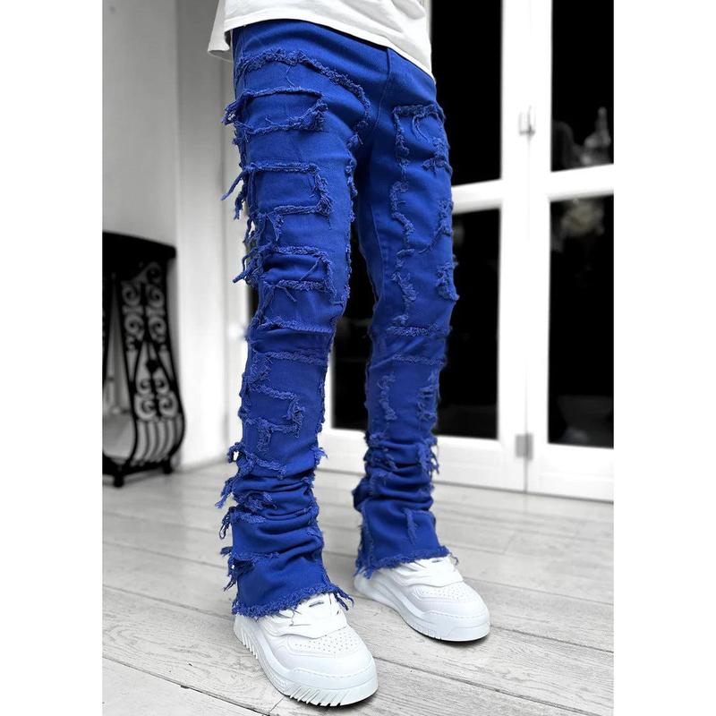 Men Trousers Individual Patched Pants Long Tight Fit Stacked Jeans for Mens Clothing Khaki Menswear Stylish