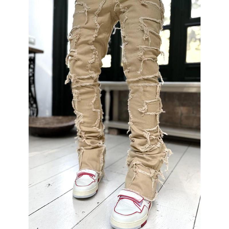 Men Trousers Individual Patched Pants Long Tight Fit Stacked Jeans for Mens Clothing Khaki Menswear Stylish