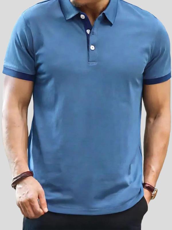 Men's Contrast Binding Short Sleeve Polo Shirt, Regular Fit Casual Button Collar Top for Summer, Fashion Men's Clothes for Daily Wear