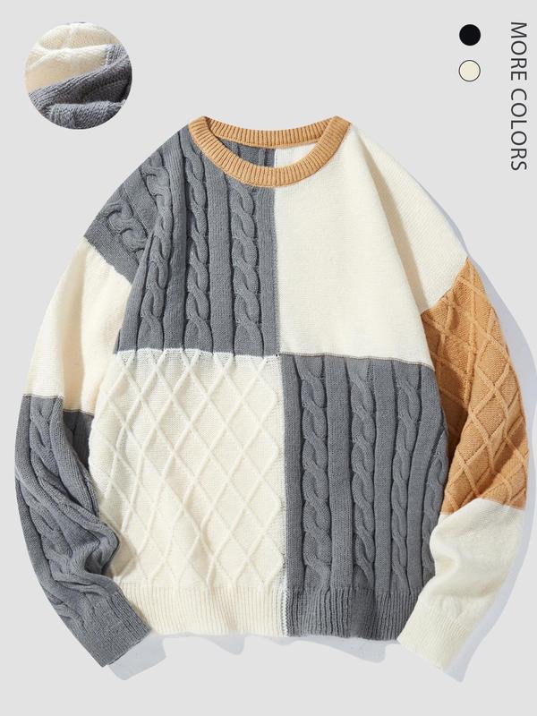 Men's Colorblock Drop Shoulder Cable Knit Textured Sweater, Regular Fit Casual Long Sleeve Round Neck Jumper for Fall & Winter, Fashion Men's Knitwear for Daily Wear