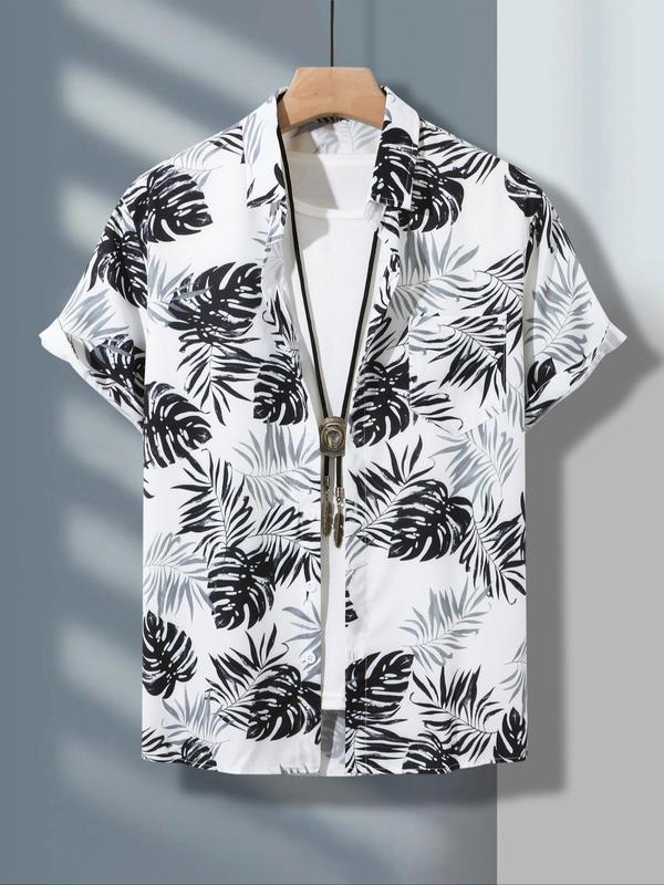 Men's Regular Fit Tropical Leaf Print Button Front Graphic Shirt Without Tee & Necklace, Casual Comfy Short Sleeve Collar Shirt For Summer, Fashion Men's Top For Beach Vacation