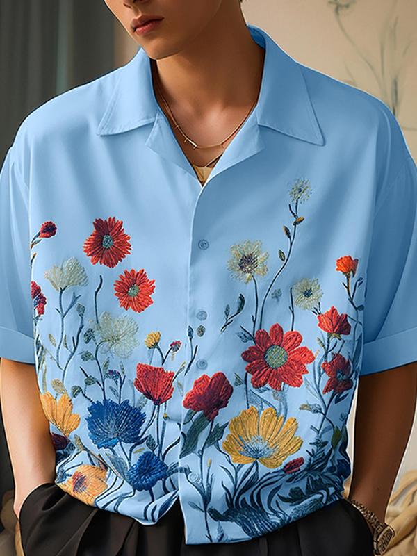 Men's Floral Print Button Front Shirt, Casual Drop Shoulder Half Sleeve Lapel Neck Top for Summer, Fashion Men's Clothes for Beach Vacation