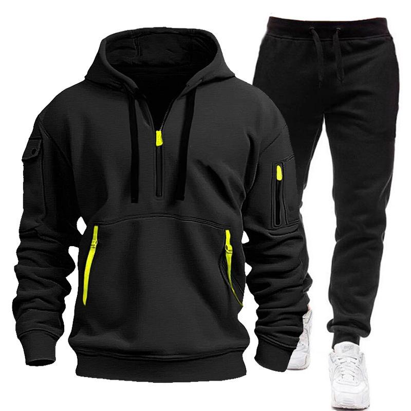 Men's New Fleece-lined Multi-Pocket Zipper Sweater Suit Personal Leisure Hoodie Suit