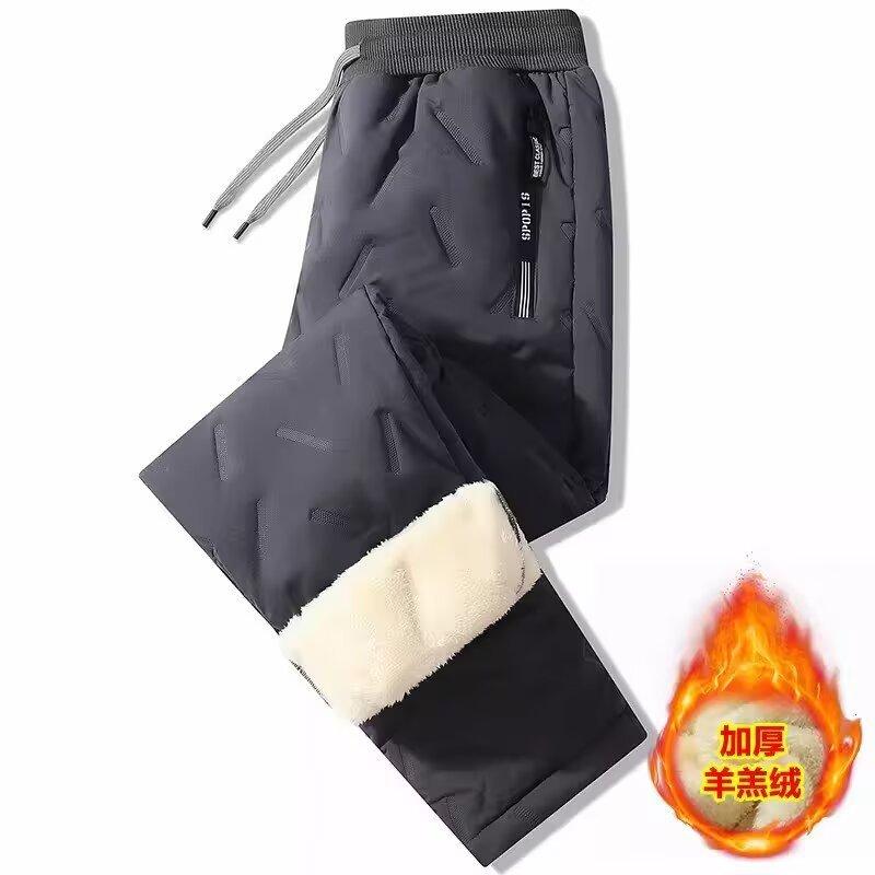 Lambswool down Cotton Casual Pants Men's Winter Wear Fleece-lined Thickened Solid Color Ankle-Tied Warm-Keeping Pants 2024 Christmas Halloween