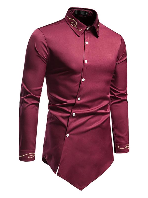 Men's Solid Embroidery Button Front Asymmetrical Hem Shirt, Regular Fit Casual Long Sleeve Collared Shirt for Spring & Fall, Menswear for Daily Wear