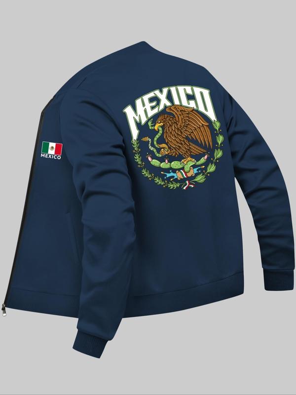 Men's Mexico Flag & Eagle Print Zip Up Pocket Bomber Jacket, Casual Long Sleeve Baseball Collar Outerwear for Daily Wear, Fashion Men's Clothes for All Seasons