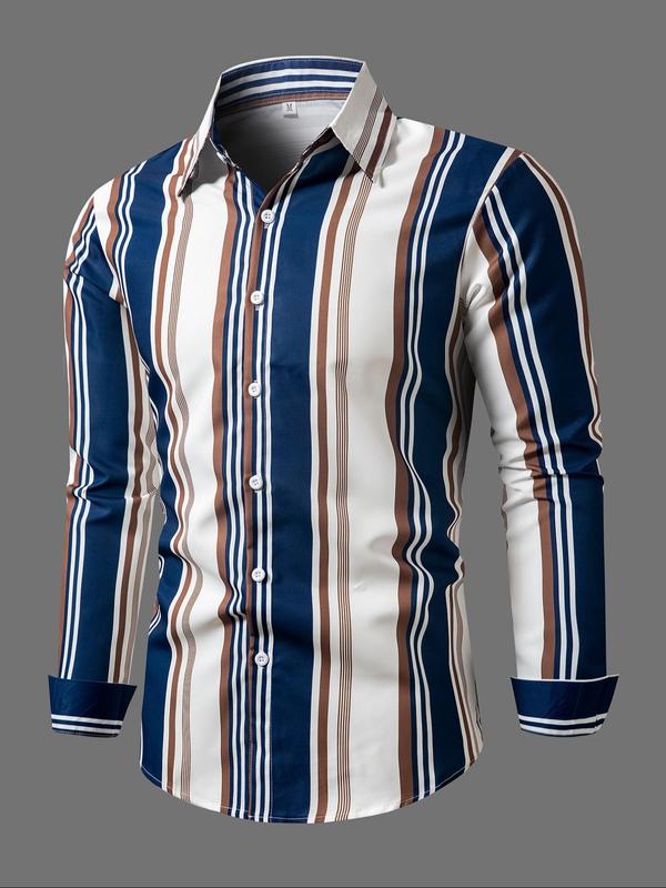 Men's Random Striped Patchwork Print Button Front Shirt, Casual Regular Fit Long Sleeve Collared Top for Fall & Winter, Men's Clothes for Daily Wear