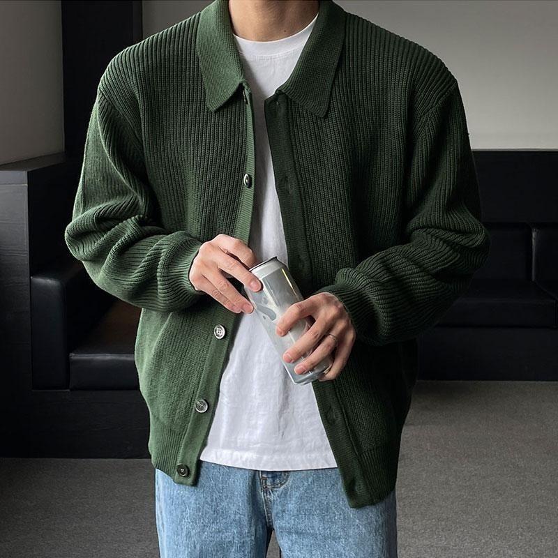 Trendy Dark Green Solid Color Knitwear Loose and Idle Men's Cardigan Sweater Casual Coat Handsome Fashion Trendy Men's Clothing