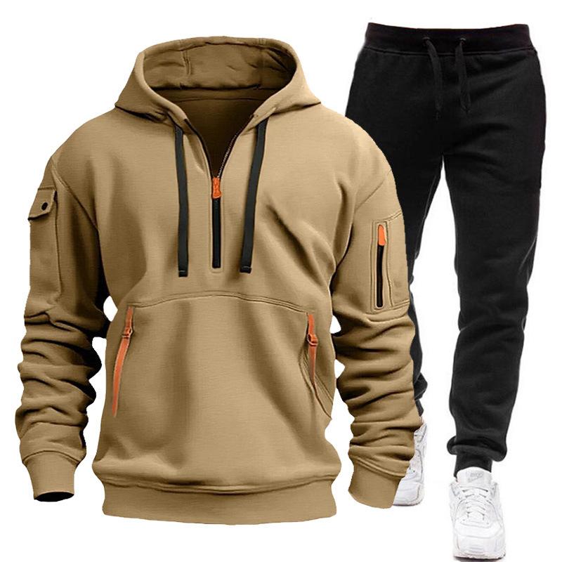 Men's New Fleece-lined Multi-Pocket Zipper Sweater Suit Personal Leisure Hoodie Suit