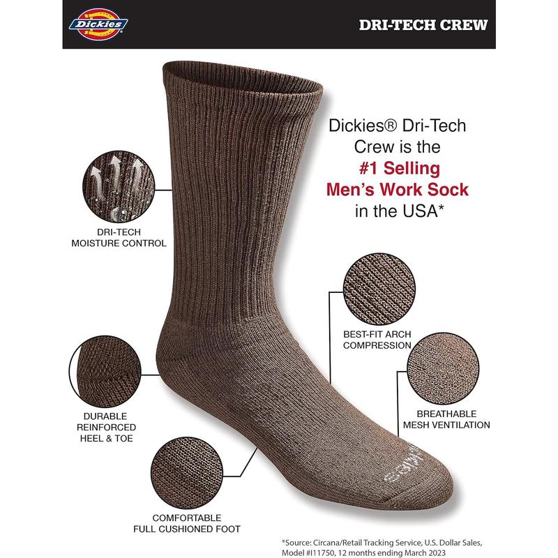 Dickies Men's Dri-Tech Essential Moisture Control Crew Socks, Available in M-XXL (6, 12 Pairs)