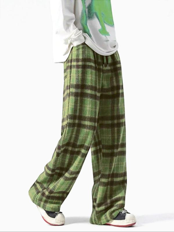 Men's Plaid Print Pocket Drawstring Waist Straight Leg Pants, Casual Comfy Elastic Waist Trousers for Fall & Winter, Men's Bottoms for Daily Wear