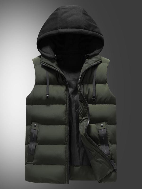 Men's Solid Zip Up Warm Hooded Vest Jacket, Regular Fit Casual Drawstring Design Sleeveless Winter Outerwear for Spring & Fall, Fashion Men's Clothes for Daily Wear