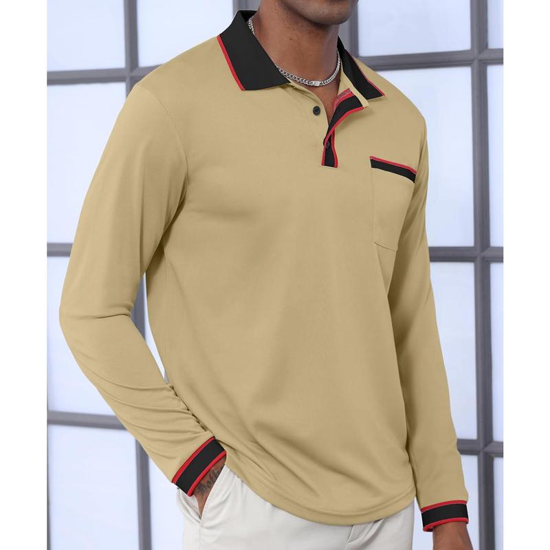 Polo Shirts Contrast Color Patchwork Golf Shirts for Long Sleeve T-Shirt Tops with Pocket Menswear Man Casual Beige Biker Plain Wetsuit Longsleeves Motocross