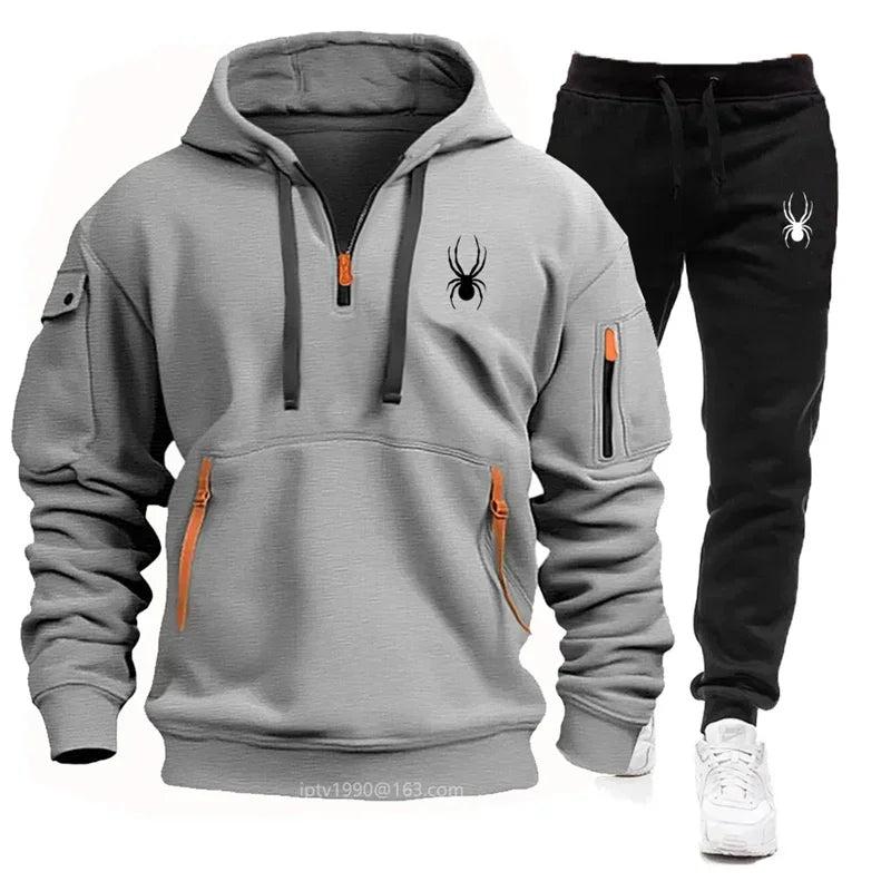 New autumn and winter men's hoodie set, fashionable and casual men's multi pocket zipper hoodie+sweatpants 2-piece jacket