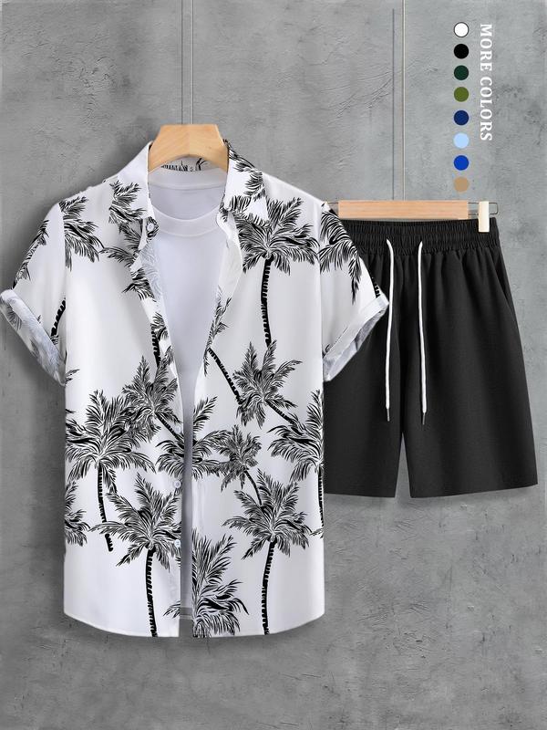 Two Counts Men's Coconut Tree Print Co-ord Two Piece Set, Regular Fit Short Sleeve Button Front Shirt & Drawstring Pocket Shorts Two-piece Set, Back to School Outfits, Hawaiian Summer Clothes Set for Beach Vacation