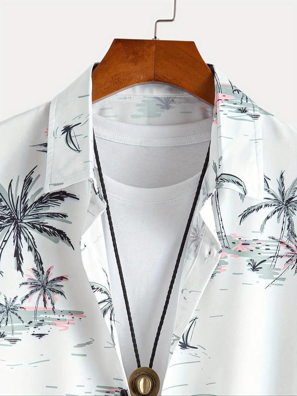 Men's Loose Coconut Tree Print Button Front Shirt, Short Sleeve Hawaiian Shirt, Casual Summer Top for Beach Vacation Tropical