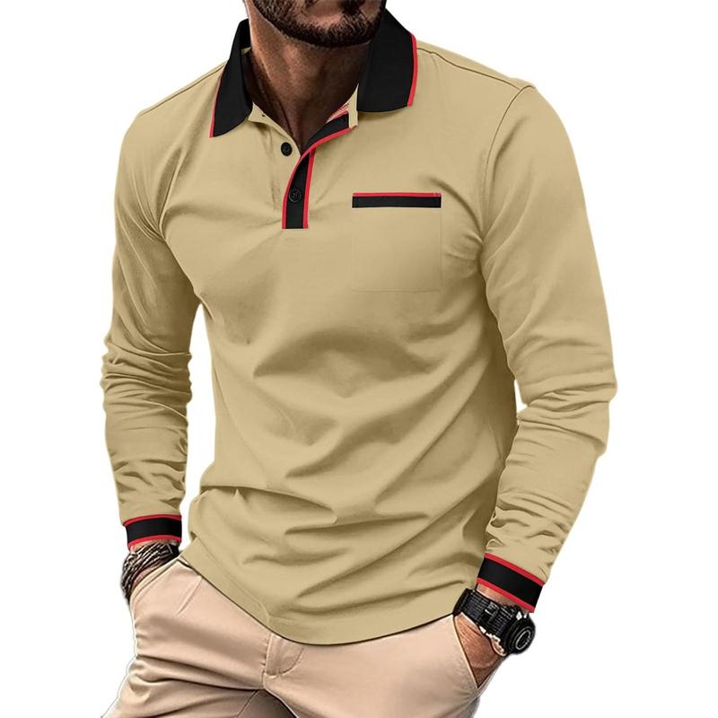 Polo Shirts Contrast Color Patchwork Golf Shirts for Long Sleeve T-Shirt Tops with Pocket Menswear Man Casual Beige Biker Plain Wetsuit Longsleeves Motocross