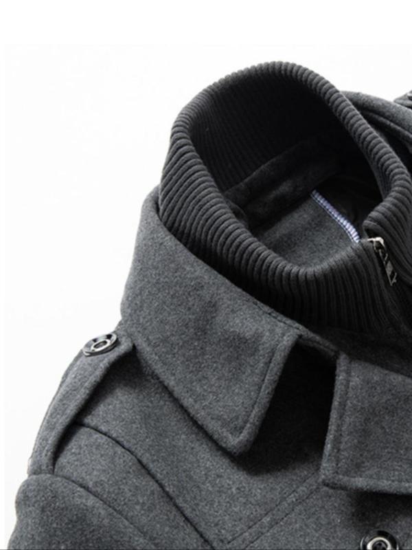 Men's Solid Button Front Pocket Zipper Wool Coat, Regular Fit Long Sleeve Lapel Neckline Outerwear for Fall & Winter, Men's Clothes for Business Work Daily Wear